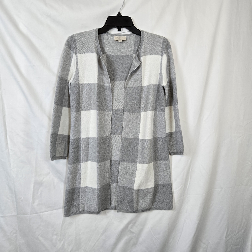 Loft Women's Gray White Checkered Open Front Long‎ Oversized Cardigan S Petite